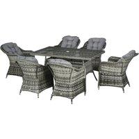 Outsunny 7 Pieces PE Rattan Dining Set Furniture Patio Wicker Furniture with Tempered Glass Table Top, Umbrella Hole and Cushions, Grey