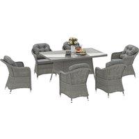 Outsunny 6 Seater Rattan Dining Set with Seat and Back Cushions, PE Rattan Garden Furniture Set, Outdoor Dining Table and Chairs, Rectangular Glass Top Table with Umbrella Hole, Light Grey