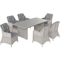Outsunny 7 PCS Outdoor PE Rattan Dining Table Set, Patio Wicker Aluminium Chair Furniture w/ Tempered Glass Table Top, Grey