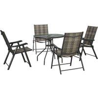 Outsunny 5 Pieces PE Rattan Table and Chairs, Round Glass Top Table with Umbrella Hole, Folding Armchair for Outdoor & Garden, Mixed Grey Aosom UK
