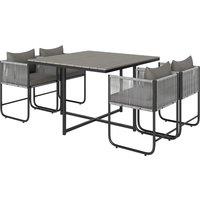 Outsunny 4 Seater Rattan Cube Garden Furniture Set, Rattan Dining Set with Cushions, Outdoor Dining Table and Chairs with Rectangular Wood Grain Plastic Top Table for Patio, Balcony, Grey