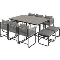 Outsunny 10 Seater Rattan Cube Garden Furniture Set, Rattan Dining Set with Cushions, Outdoor Dining Table and Chairs with 6 Armchairs, 4 Stools, Rectangular Wood Grain Plastic Top Table, Grey