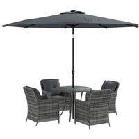 Outsunny 6 Pieces Garden Dining Set, 4 Seater Rattan Dining Set Outdoor with Umbrella, Cushions, Tempered Glass Top Table Aosom UK