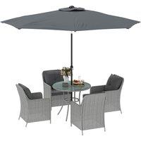 Outsunny 4 Seater Rattan Dining Set with Parasol & Cushions - Light Grey