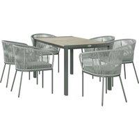Outsunny Rattan Dining Set, 6 Seater Rattan Garden Furniture Set with Acacia Wood Top Rectangle Table, 6 Chairs, Washable Seat Cushions, for Outdoor, Patio, Conservatory, Grey