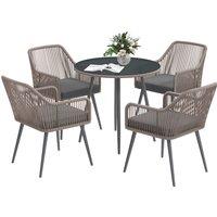 Outsunny 4 Seater Rattan Dining Set, Rattan Garden Furniture Set with Parasol Hole, Cushions, Glass Top Table for Patio, Balcony, Light Brown