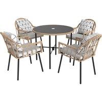 Outsunny 5 Piece Patio Rattan Dining Set, Wicker Garden Table and Chairs w/ Removable Seat & Back Cushions, Round Tempered Glass Tabletop, Parasol Hole, Outdoor Furniture Conservatory Set, Light Brown