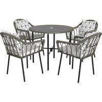 Outsunny 5 Piece Patio Rattan Dining Set, Wicker Garden Table and Chairs w/ Removable Seat & Back Cushions, Round Tempered Glass Tabletop, Parasol Hole, Outdoor Furniture Conservatory Set, Grey