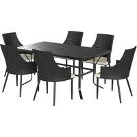 Outsunny 6 Seater Rattan Dining Set with Cushions, Garden Furniture Set with Armchairs, Rectangle Slatted Table Top, Steel Frame, Parasol Hole, Wicker Outdoor Furniture for Patio, Balcony, Cream White