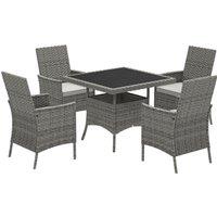 Outsunny Rattan Garden Furniture Set, Outdoor Dining Table and Chairs 4 Seater with Cushions, Square Tempered Glass Top, 4 Armchairs, for Balcony, Terrace, Conservatory, Grey