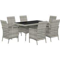 Outsunny Rattan Garden Furniture Set, 6 Seater Outdoor Dining Table and Chairs with Cushions, 150 x 90cm Rectangular Tempered Glass Table, 6 Armchairs, for Terrace, Conservatory, Balcony, Mixed-Grey
