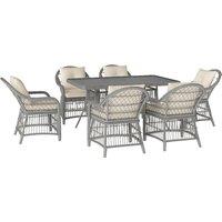 Outsunny Rattan Dining Set with Seat and Back Cushions, 6 Seater Garden Furniture Set with Aluminium Frame, 6 Chairs, WPC Top Rectangle Table, Conservatory Wicker Patio Furniture, Grey