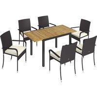 Outsunny 7 Piece Rattan Garden Furniture Set, 6 Seater Garden Table and 6 Stackable Chairs with Extendable Acacia Wood Tabletop