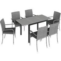 Outsunny 7 Piece Rattan Garden Furniture Set, 6 Seater Garden Table and 6 Stackable Chairs with Extendable Acacia Wood Tabletop