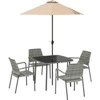 Outsunny 4 Seater Rattan Dining Set with Parasol, 6 Piece Garden Table and Stackable Chairs with Tempered Glass Tabletop