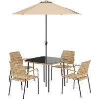Outsunny 4 Seater Rattan Dining Set with Parasol, 6 Piece Garden Table and Stackable Chairs with Tempered Glass Tabletop