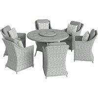 Outsunny Rattan Garden Dining Set with Lazy Susan, Marble Effect Glass Round Garden Table and Chairs with Aluminium Frame, Grey