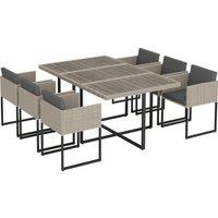 Outsunny 7 Piece Rattan Garden Furniture Set, Garden Dining Set with Wood-Plastic Table and 6 Stackable Chairs, Light Grey