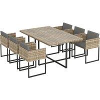 Outsunny 7 Piece Rattan Garden Furniture Set, Garden Dining Set with Wood-Plastic Table and 6 Stackable Chairs, Light Brown
