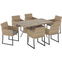 Outsunny 7 Piece Rattan Garden Furniture Set, Garden Dining Set with Wood-Plastic Table and 6 Stackable Chairs, Dark Grey