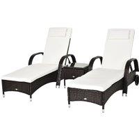 Outsunny 3 Pieces Patio Lounge Chair Set, Garden Wicker Wheeling Recliner Outdoor Daybed, PE Rattan Lounge Chairs w/ Cushions Aosom UK