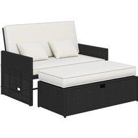 Outsunny Rattan Garden Daybed, Assembled Double Sun Lounger with 5-Level Adjustable Back, Storage Ottoman, Cream White