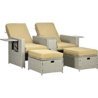Outsunny 5PC PE Rattan Sun Lounger, Outdoor Wicker 5-level Adjustable Recliner Sofa Bed with Storage Side Table Footstools, for Patio, Garden, Beige