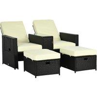 Outsunny 5PC PE Rattan Sun Lounger, Outdoor Wicker 5-level Adjustable Recliner Sofa Bed with Storage Side Table, Footstools, for Patio, Garden, Black
