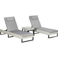 Outsunny 3-piece PE Rattan Sun Lounger Set with Adjustable 5-Position Recliner, Patio Chaise Lounge Chair Set with Cushions, Headrests, Glass Top Square Coffee Table, Light Grey