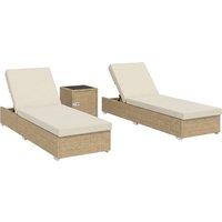 Outsunny Rattan Sun Loungers Set of 2 with Side Table, Garden Recliner Sunbeds with Adjustable Back, Cushions, Beige