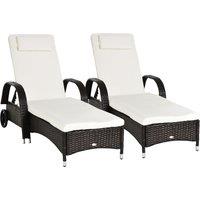 Outsunny 2PC Rattan Sun Lounger Recliner Bed Reclining Chair Patio Garden Outdoor Wicker Weave Adjustable Headrest with Fire Retardant Cushion Brown