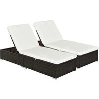 Outsunny 2 Pieces Outdoor PE Rattan Sun Loungers set of 2 w/ Cushion, Garden Wicker Sunbed Furniture w/ 5-Level Recliner Backrest, Brown Aosom UK