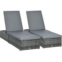 Outsunny PE Rattan Sun Loungers set of 2 w/ Cushion, 2 Pcs Garden Sunbed Furniture w/ 5-Level Backrest, Reclining Patio Wicker Bed Chair, Grey