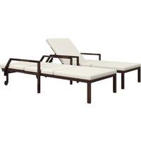 Outsunny Outdoor PE Rattan Sun Lounger Set of 2, Wicker Chaise Recliner Garden Chair with 5-Level Adjustable Backrest and 2 Wheels, Cream White