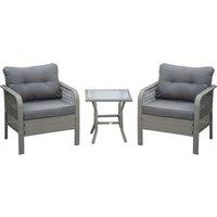 Outsunny 2 Seater Patio PE Rattan Bistro Set, Outdoor Wicker Coffee Table Armrest Chairs Conversation Furniture w/ Cushion, Grey