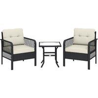 Outsunny 3 Pieces Rattan Bistro Set with Glass Top Coffee Table, Chairs and Cushions for Outdoor, Patio, Balcony, Cream
