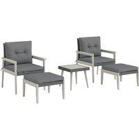 Outsunny 5 Pieces Rattan Garden Furniture Set, Patio Conversation Set with Cushions, Acacia Wood Top Coffee Table and Footstools, Outdoor Table and Chairs for Balcony, Terrace and Conservatory, Grey