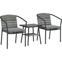 Outsunny 3 Pieces Rattan Bistro Set with Cushions, Wicker Garden Furniture Set, Glass Top Coffee Table and Chairs for Outdoor Patio, Balcony, Terrace and Conservatory, Grey