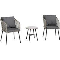 Outsunny 3 Piece Rattan Bistro Set with 2 Chairs, Tempered Glass Table, Cushions, Adjustable Foot Pads for Garden, Balcony, Grey