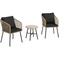 Outsunny 3 Piece Rattan Bistro Set with 2 Chairs, Tempered Glass Table, Cushions, Adjustable Foot Pads, Nature Wood Finish