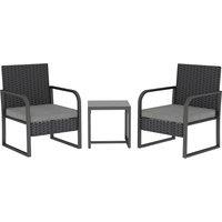 Outsunny Rattan Bistro Set, 3 Piece Garden Furniture Set with Cushions and Glass Top Table, Black