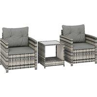 Outsunny Rattan Bistro Set, 3 Piece Garden Furniture Set with 2 Tier Glass Top Table and Cushions, Mixed Grey