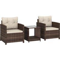 Outsunny Rattan Bistro Set, 3 Piece Garden Furniture Set with 2 Tier Glass Top Table and Cushions, Mixed Brown