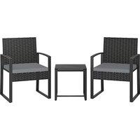 Outsunny Rattan Bistro Set, 3 Piece Garden Furniture Set with Glass Top Table and Cushions, Light Grey