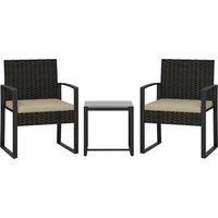 Outsunny Rattan Bistro Set, 3 Piece Garden Furniture Set with Glass Top Table and Cushions, Khaki