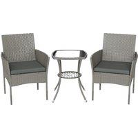 Outsunny 3 Piece Rattan Bistro Set, PE Wicker Garden Furniture Conversation Set with 2 Tier Glass-Top Table, Chairs, Dark Grey