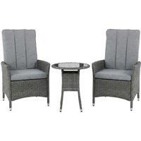 Outsunny Rattan Bistro Set, Reclining Garden Chairs and Glass Coffee Table with Cushions for Patio Balcony Porch, Grey