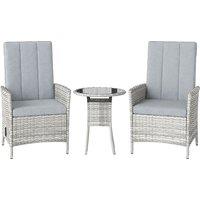 Outsunny Rattan Bistro Set, Reclining Garden Chairs and Glass Coffee Table with Cushions for Patio Balcony Porch, Light Grey