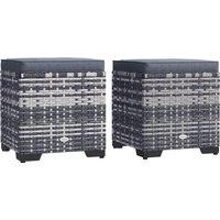 Outsunny Set of 2 Rattan Storage Ottoman, Outdoor Footstool with Removable Cushions, Garden Storage Seat for Balcony, Poolside, Living Room, Dark Grey