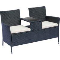 Outsunny 2 Seater Rattan Campanion Chair Wicker Loveseat Outdoor Patio Armchair with Drink Table Garden Furniture - Black Aosom UK